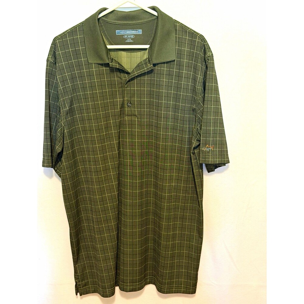 Greg Norman Play Dry Polo Men's XL Green Check Short Sleeve Collared Logo